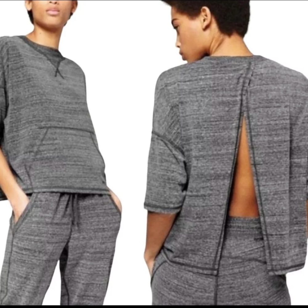 Womens Top Crew Neck Open Back Gray Short Sleeve Active Wear IVY Park